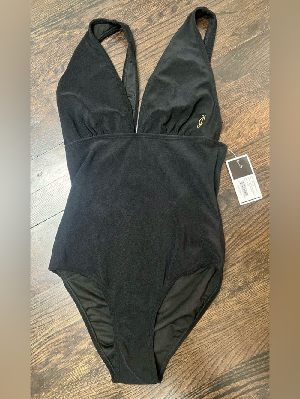 NWT Juicy Couture Black, Terry One-Piece Swimsuit with Gold Logo Sz S